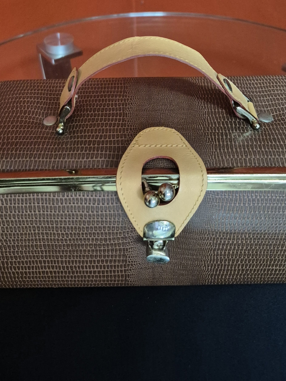 Classic Brown Textured Box Handbag with Tan Trim